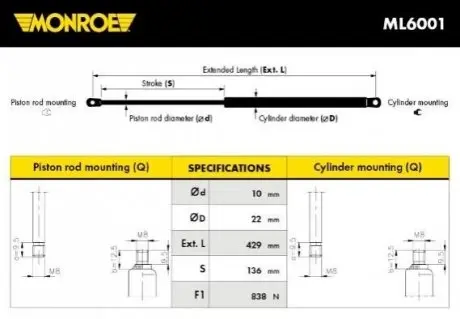Газова пружина, багажник/кузов MONROE ML6001 Купити в Україні