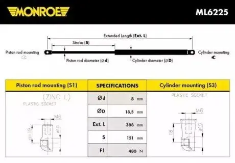 Газова пружина, багажник/кузов MONROE ML6225 Купити в Україні
