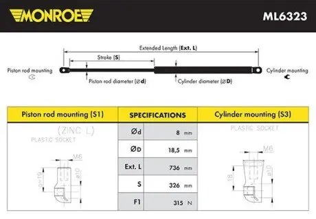 Газова пружина, кришка капота MONROE ML6323 Купити в Україні