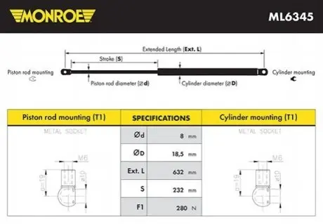 Газова пружина, кришка капота MONROE ML6345 Купити в Україні