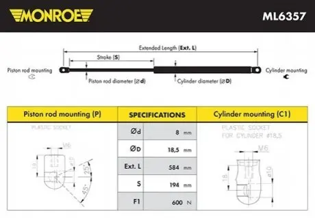 Газова пружина, багажник/кузов MONROE ML6357 Купити в Україні