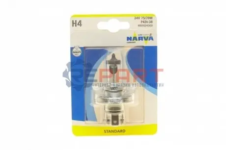 Фото 1 — Автолампа H4 24V 75/70W P43t Standard (блістер/ 1шт) NARVA (488924000) Фото Автолампа H4 24V 75/70W P43t Standard (блістер/ 1шт) NARVA (488924000) зображення 1