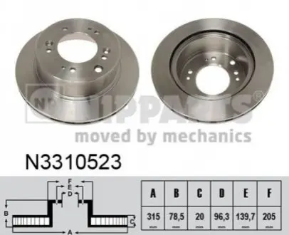 Диск гальмівний (задній) KIA Sorento I 2.5 CRDi/3.3-3.5 V6 02-11 (314.7x20) NIPPARTS N3310523 Купити в Україні
