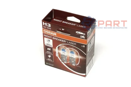 Лампа (Набір 2шт) H3 12В 55Вт PK22S (EN) up to 150% greater brightness (EN) up to 150m light beam (EN) up to 20% whiter light Night Breaker Laser, Білий OSRAM 64151NL-2HB