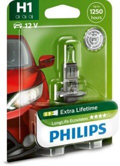 Автолампа LongLife EcoVision H1 P14,5s 55 W прозрачная PHILIPS 12258LLECOB1