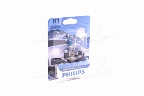 Лампа накаливания H1 WhiteVision ultra 12V 55W P14,5s (+60) (3700K) blister (выр-во) PHILIPS 12258WVUB1