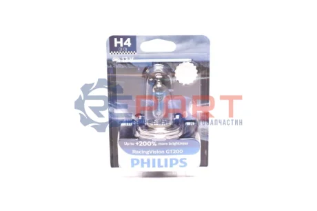 Лампа (упаковка-блістер 1шт) H4 12В 60/55Вт P43T-38 (EN) up to 200% greater brightness RacingVision GT200 3500K PHILIPS 12342RGTB1 Купити в Україні