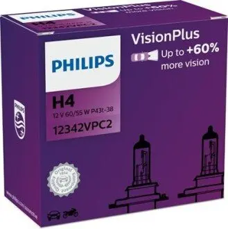 Лампа (картон 2шт) H4 12В 60/55Вт P43T-38 VisionPlus Plus 60% PHILIPS 12342VPC2