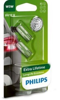 Автолампа W5W 12V 5W W2,1X9,5d LongerLife EcoVision (2 шт. в блістері) PHILIPS 12961LLECOB2 (фото 1)