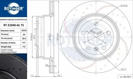 Диск гальмівний, вентильований ROTINGER 21040GLT5