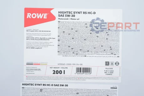 Масло 5W30 HIGHTEC SYNT RS HC-D (200L) (MB 229.5/VW 502 00/505 00/GM-LL-A-025/BMW LL-01) ROWE 20060-2000-99