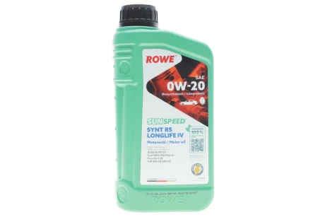 Масло 0W20 SUNSPEED SYNTH RS LONGLIFE IV (1L) (Porsche C20/VW 508 00/509 00) (ACEA A1/B1/C5) ROWE 4920036-0010-99