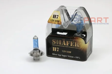 Лампа галогенова H7 12V55W Silver top Super Vision +50% (комплект, пластиковий бокс 2шт) SHAFER SL3007S