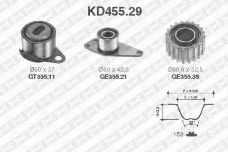 Комплект ГРМ (ремінь + ролик) VOLVO S40 I, V40 MITSUBISHI CARISMA RENAULT 19 II CHAMADE, MEGANE I, MEGANE I CLASSIC, MEGANE SCÉNIC, SCENIC I, TRAFIC 1.9D 04.92-08.03 SNR NTN KD45529