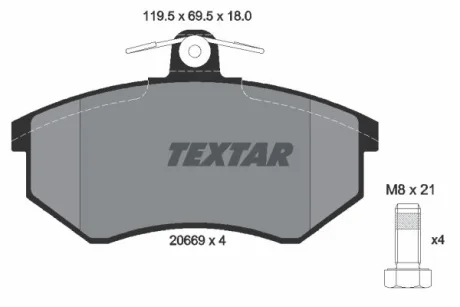 Комплект гальмівних колодок передн, AUDI 100 C2, 100 C3, 200 C2, 200 C3, 80 B2, QUATTRO CHERY TIGGO 1.6-2.4D 07.77-10.16 TEXTAR 2066928