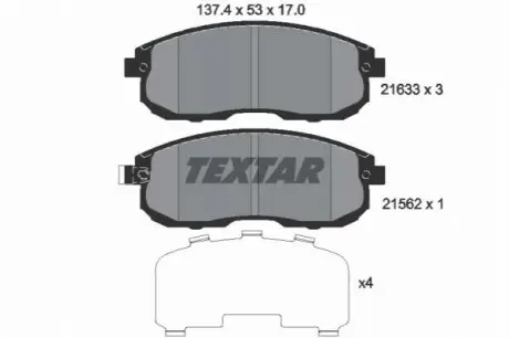 Комплект гальмівних колодок передн, ACURA MDX, TL FIAT PUNTO, SEDICI FORD TRANSIT CONNECT HONDA ACCORD VII, CIVIC IX, CIVIC VII, CIVIC VIII, CROSSROAD, FR-V, STREAM 1.0-Electric 08.86 TEXTAR 2163301