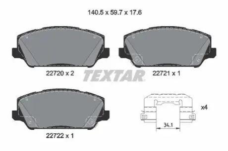Комплект гальмівних колодок, HYUNDAI GENESIS, GRANDEUR, I30, VELOSTER KIA CEE'D, CERATO III, CERATO KOUP III, OPTIMA, PRO CEE'D 1.0-3.0 01.08 TEXTAR 2272001