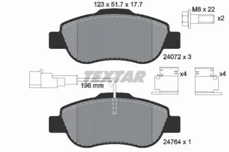 Комплект гальмівних колодок передн, ABARTH 500 / 595 / 695 FIAT 500, 500 C, GRANDE PUNTO, PANDA, PUNTO EVO FORD KA PEUGEOT BIPPER TEPEE 1.2-1.4D 09.03 TEXTAR 2407202 Купити в Україні