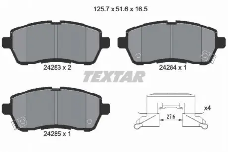 Комплект гальмівних колодок передн, DAIHATSU MATERIA, SIRION FORD FIESTA, FIESTA VI MAZDA 2 MITSUBISHI MIRAGE / SPACE STAR VI SUBARU JUSTY IV SUZUKI BALENO, SWIFT IV 1.0-1.6D 01.05 TEXTAR 2428303