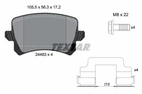 Комплект гальмівних колодок задн, VW CC B7, PASSAT ALLTRACK B7, PASSAT B6, PASSAT B7, PASSAT B8 1.4-3.6 03.05-03.24 TEXTAR 2448382