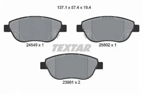 Комплект гальмівних колодок передн, ABARTH 500 / 595 / 695 FIAT 500L, GRANDE PUNTO, PUNTO EVO PEUGEOT BIPPER TEPEE 0.9-1.6D 10.05 TEXTAR 2454901