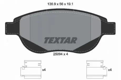 Комплект гальмівних колодок передн, CITROEN C4, C4 I PEUGEOT 307 1.6-2.0D 11.04-08.13 TEXTAR 2509401
