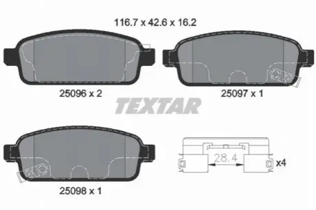 Комплект гальмівних колодок задн, OPEL AMPERA, ASTRA H CLASSIC, ASTRA J, ASTRA J GTC, CASCADA, MOKKA / MOKKA X, ZAFIRA C 1.3D-2.0D 01.09 TEXTAR 2509606
