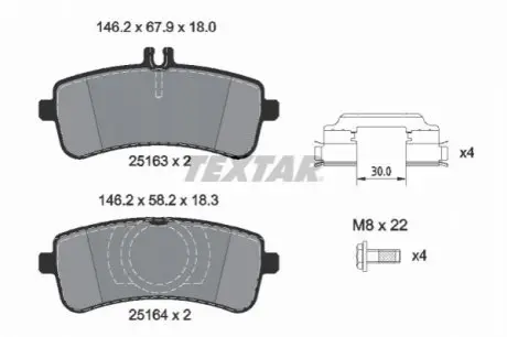 Комплект гальмівних колодок задн, MERCEDES AMG GT (C190), AMG GT (X290), C (A205), C (C205), C T-MODEL (S205), C (W205), S (A217), S (C217), S (W222, V222, X222), SL (R231) 3.0H-6.0 01.12 TEXTAR 2516305