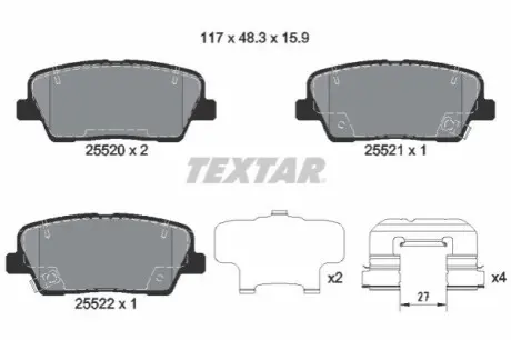 Комплект гальмівних колодок задн, HYUNDAI EQUUS / CENTENNIAL, GENESIS, SANTA FÉ III KIA K9 II, QUORIS I, SORENTO III, STINGER 2.0-5.0 01.08 TEXTAR 2552008
