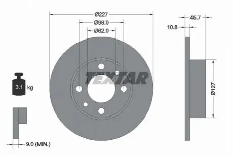 Диск гальмівний задн/передн Лів/Прав FIAT 124, 124 SPIDER, 125, 127, 128, 131, 132, 147, 900 T/E, 900 T/E PULMINO, ARGENTA, CAMPAGNOLA, FIORINO, PANDA, REGATA, RITMO, UNO 0.6-2.5D 01.66-06.06 TEXTAR 92019300