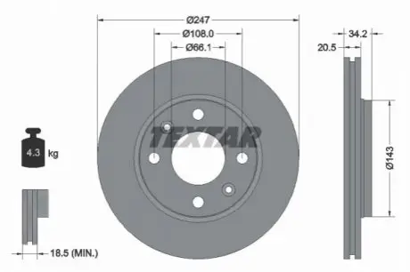 Диск гальмівний передн Лів/Прав CITROEN AX, SAXO, XSARA, ZX PEUGEOT 106 I, 106 II, 205, 205 I, 205 II, 206, 206+, 306, 309, 309 I, 309 II 1.0-Electric 10.85 TEXTAR 92043103