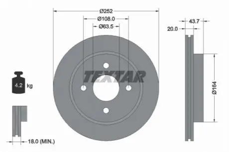 Диск гальмівний задн Лів/Прав FORD COUGAR, MONDEO I, MONDEO II, SCORPIO I, SCORPIO II FORD USA CONTOUR 1.6-2.9 09.86-12.01 TEXTAR 92063603