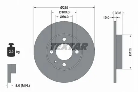 Диск гальмівний передн Лів/Прав SEAT AROSA VW POLO, POLO III 1.0-1.9D 08.92-06.04 TEXTAR 92071903