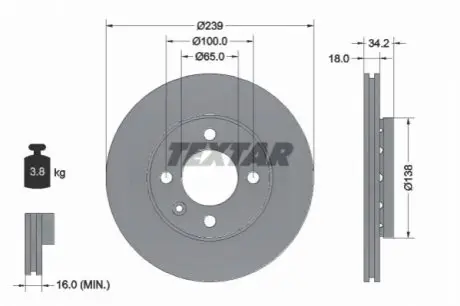 Диск гальмівний передн Лів/Прав SEAT AROSA VW LUPO I, POLO, POLO III 1.0-1.9D 08.92-07.05 TEXTAR 92072003
