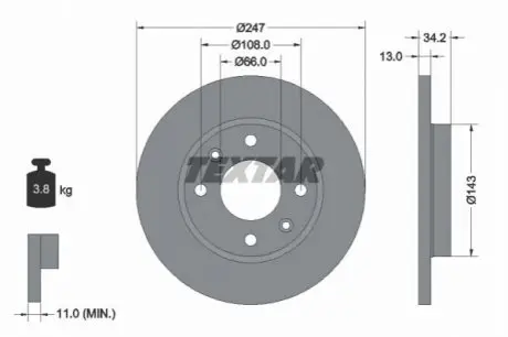 Диск гальмівний передн Лів/Прав CITROEN XSARA PEUGEOT 206, 206+, 306 1.1-1.9D 04.93 TEXTAR 92092803