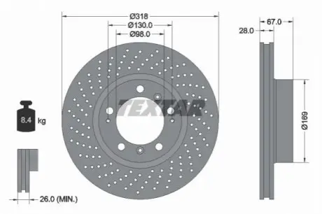 Диск гальмівний передн Прав PORSCHE 911, 911 TARGA, BOXSTER, BOXSTER SPYDER, CAYMAN 2.9-3.6 08.97-06.13 TEXTAR 92100007