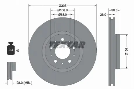 Диск гальмівний передн Лів/Прав VOLVO S60 I, S80 I, V70 I, V70 II, XC70 I 2.0-3.0 12.95-04.10 TEXTAR 92100603