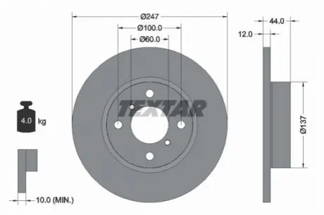 Диск гальмівний передн Лів/Прав OPEL AGILA A SUZUKI WAGON R, WAGON R+ 1.0-1.3D 05.00 TEXTAR 92110803