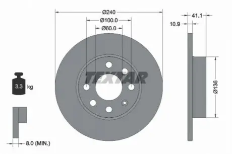 Диск гальмівний передн Лів/Прав OPEL CORSA C 1.0-1.7D 09.00-12.09 TEXTAR 92111303