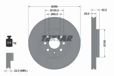 Диск гальмівний передн Лів/Прав OPEL ASTRA H, ASTRA H GTC, COMBO, COMBO TOUR, CORSA C, MERIVA A 1.2-1.8 09.00 TEXTAR 92124603