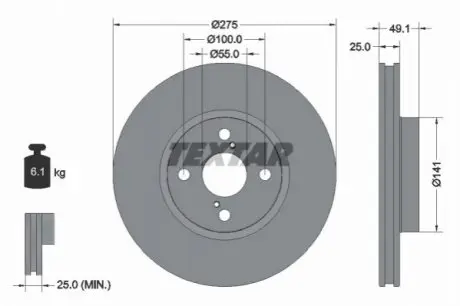 Диск гальмівний передн Лів/Прав (без маточини) TOYOTA COROLLA 1.4D/1.8/2.0D 01.01-12.07 TEXTAR 92126003