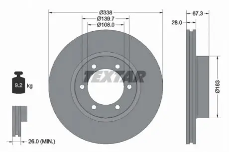 Диск гальмівний передн Лів/Прав (без маточини) LEXUS GX TOYOTA FORTUNER, HILUX VI, HILUX VII, LAND CRUISER 90, LAND CRUISER PRADO 2.4-4.6 08.97 TEXTAR 92137300