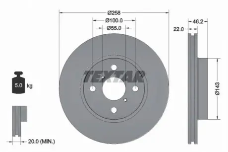 Диск гальмівний (передній) Toyota Yaris 1.0-1.5 10- (258x22) TEXTAR 92164203