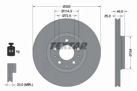 Диск гальмівний передн Лів/Прав (без маточини) MAZDA 6 2.0/2.0D/2.3 01.02-02.08 TEXTAR 92166300 Купити в Україні