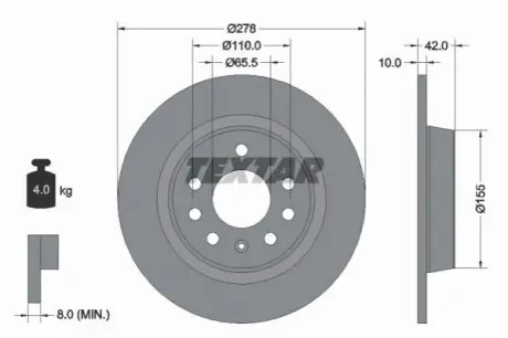 Диск гальмівний задн Лів/Прав OPEL ASTRA H, ASTRA H GTC, ZAFIRA B 1.7D-2.2 03.05-04.15 TEXTAR 92167603