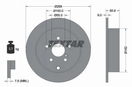Диск гальмівний задн Лів/Прав TOYOTA CALDINA, CELICA, CORONA, CORONA EXIV, OPA, PRIUS 1.5H/1.8/2.0 11.89-12.09 TEXTAR 92170403