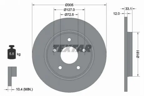 Диск гальмівний задн Лів/Прав CHRYSLER GRAND VOYAGER V, TOWN & COUNTRY, VOYAGER V DODGE GRAND, JOURNEY FIAT FREEMONT VW ROUTAN 2.0D-4.0 06.07 TEXTAR 92181005