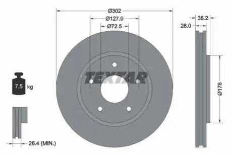 Диск гальмівний передн Лів/Прав CHRYSLER GRAND VOYAGER V, TOWN & COUNTRY, VOYAGER IV, VOYAGER V DODGE CARAVAN, GRAND, JOURNEY FIAT FREEMONT VW ROUTAN 2.0D-4.0 02.00 TEXTAR 92181503
