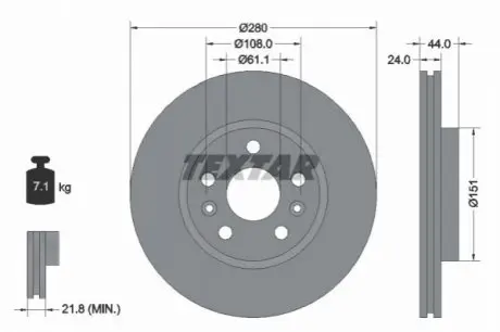 Диск гальмівний передн Лів/Прав RENAULT KANGOO II, MEGANE II 1.5D/2.0D 09.05 TEXTAR 92196803