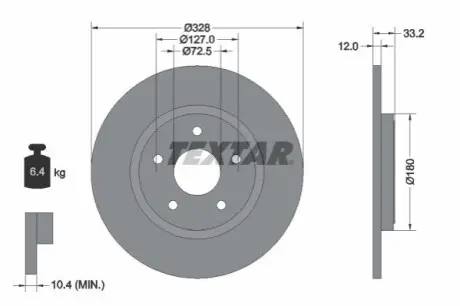 Диск гальмівний задн Лів/Прав CHRYSLER GRAND VOYAGER V, TOWN & COUNTRY, VOYAGER V DODGE GRAND, JOURNEY FIAT FREEMONT LANCIA VOYAGER VW ROUTAN 2.0D-3.8 06.07 TEXTAR 92286003